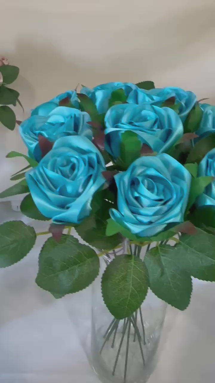 Honey’s Handmade Ribbon Roses - Turquoise / $3 Each